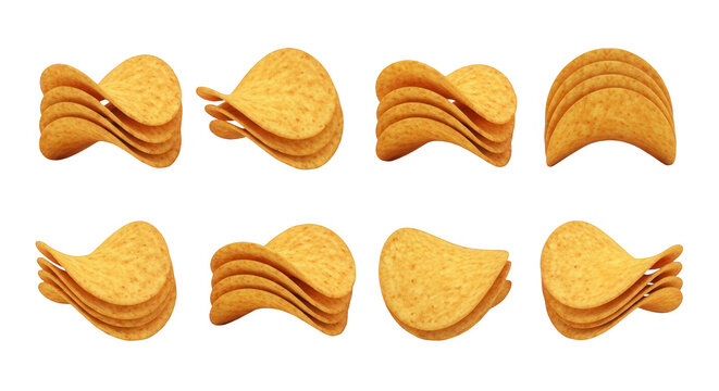 stacks of potato chips arranged on white background for snack and food photography advertising or product display use