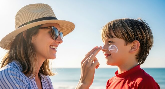 A smiling mother applies sunscreen to her son's face on a sunny beach. She wears a straw hat and sunglasses, while he wears a red swimsuit.