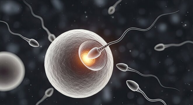 Several sperm cells navigate through a dark, blurred background. A large egg cell is prominently displayed in the center, with a sperm cell penetrating its membrane.