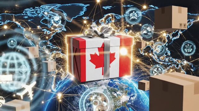 Canadian packages connect globally through network lines and icons on earth.
