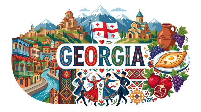 Vibrant Georgia Cultural Elements Vector Illustration with Tbilisi, Monasteries, and Local Cuisine
