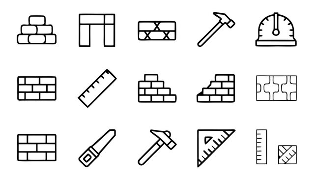 A set of forty-five building material icons uses fine white lines to represent construction components and hardware in a balanced grid.