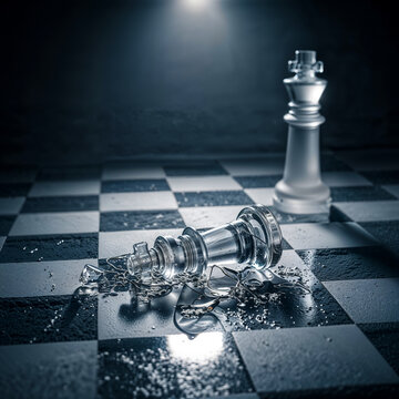 The elegance of crystal meets the weight of defeat. This glass chess set highlights the fallen and broken King, immortalizing the exact moment of checkmate with art and sophistication.