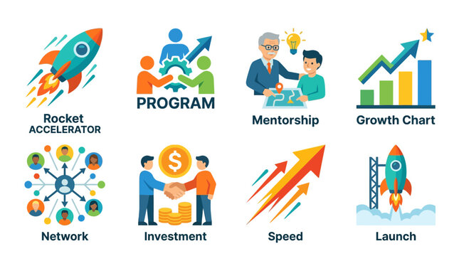 Business vector illustration with rocket launch program mentorship network investment speed growth chart.