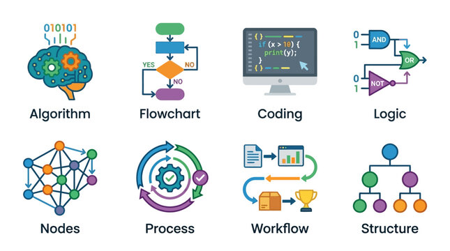 A vector illustration of various coding and algorithm concepts, including flowchart, coding, logic, nodes, process, workflow, and structure, showcasing different programming elements.