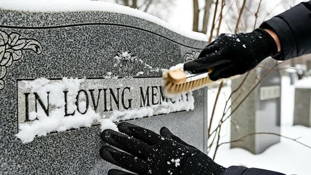 Adult hands in gloves brushing snow off gravestone in winter for death anniversary