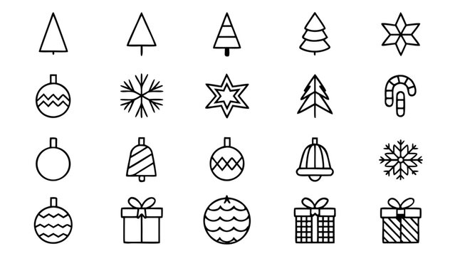Forty-five white outline icons of holiday gift boxes and decorative ribbons displayed in an orderly grid over a plain black background.