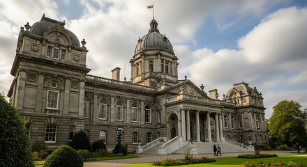Fototapeta premium Historic Mansion Building with Grand Staircase and Domed Tower Under Cloudy Sky