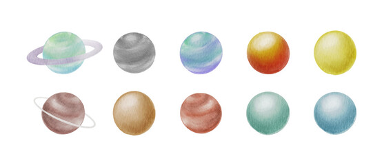 Watercolor Solar System Planets Set: Hand-Painted Earth, Moon, Sun, and Planets for Astrology, Space, and Mindfulness Design-300dpi- © URU