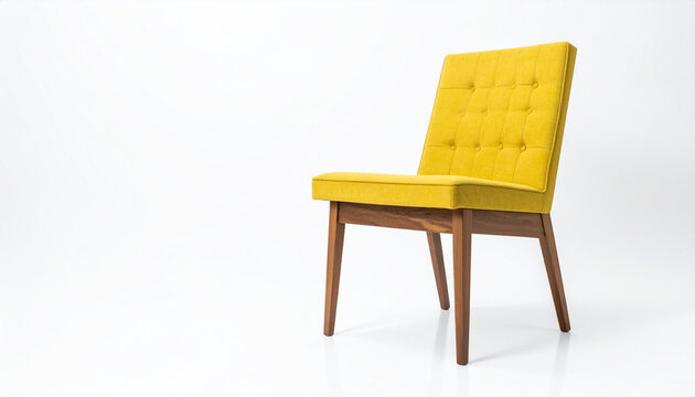 Modern yellow upholstered dining chair with wooden legs on white background
