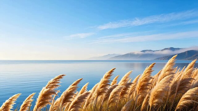 Golden reeds by calm lake with mountains