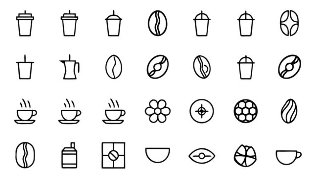 Forty five white outline coffee and tea icons rest on black background.