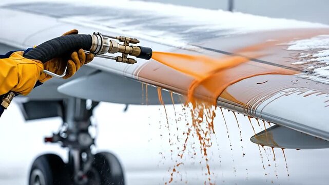 Ground crew worker spraying orange de-icing fluid on airplane wing for winter flight safety