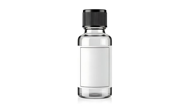 A small glass bottle with a black cap on a white background