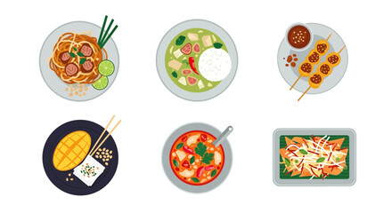 Delicious and colorful top-down view of various Thai food dishes on plates.