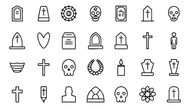 A collection of minimalist white line icons showcasing death and burial items including coffins and gravestones on a dark black canvas.