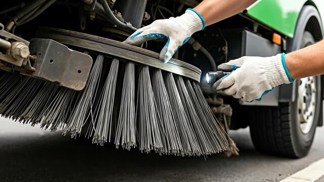 Mechanic Inspecting Street Sweeper Brush with Flashlight for Preventive Maintenance