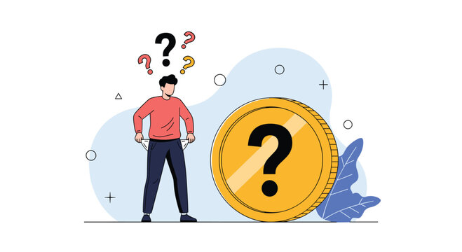 Worried man standing next to a large golden coin showing his empty pockets and wondering about financial future and money.