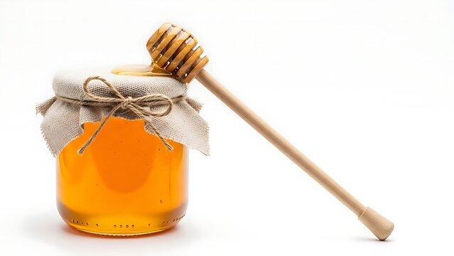 A jar of honey with a honey dipper
