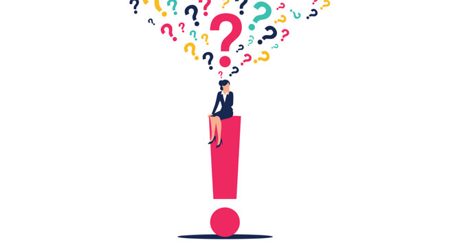 Pensive businesswoman sitting on top of large red exclamation mark while surrounded by numerous colorful floating question marks.