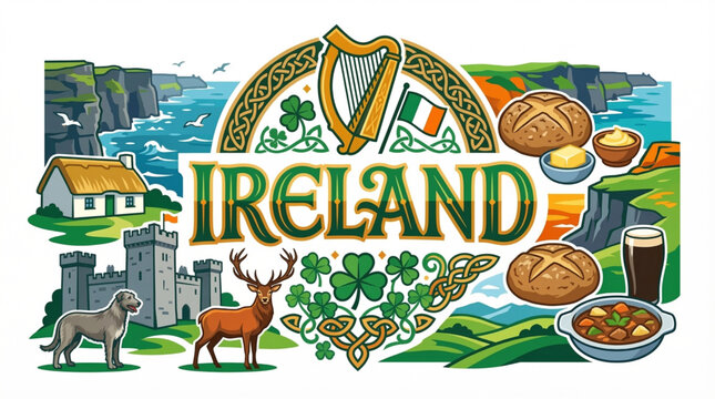 Vibrant Ireland Cultural Elements Vector Illustration with Celtic Knots, Cliffs of Moher, and Traditional Symbols