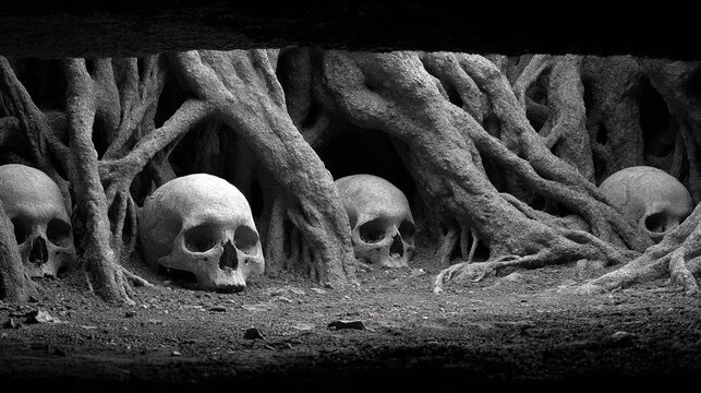 Eerie white monochrome wall of intertwined tree roots and partially buried skulls, creating a haunting skeletal scene with textured roots, dramatic light, shadows, and supernatural minimalism.