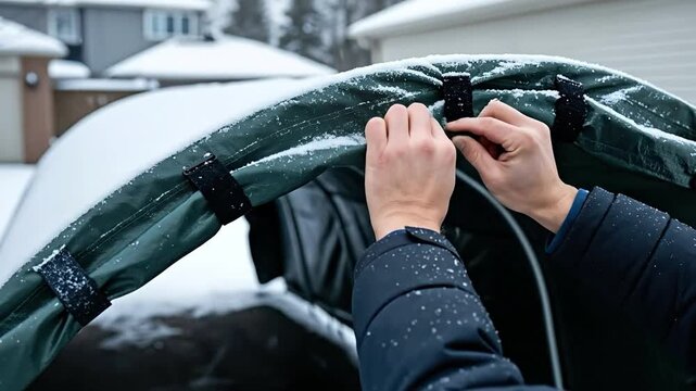 Hands of a man securing a green waterproof car tent cover in a snowy winter yard