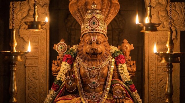 Golden Narasimha Statue Vector - Lord Vishnu Lion Avatar with Oil Lamps and Sacred Cobra Hood, Hindu Deity Spiritual Art