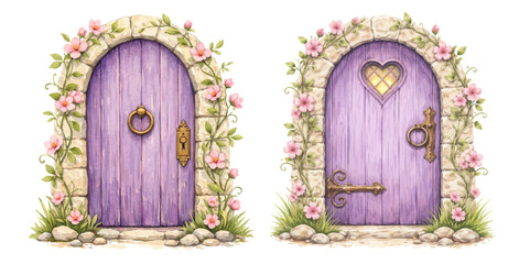Fototapeta premium A beautiful collection of watercolor fairy doors with spring flowers, featuring whimsical purple wooden doors framed by stone arches and blooming vines isolated on a transparent background.
