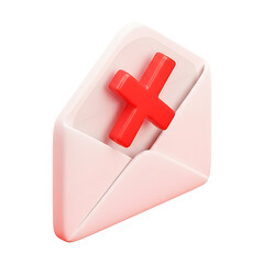 Fototapeta premium A 3D open envelope with a red X mark inside representing email rejection deletion or unsubscribe on a transparent background