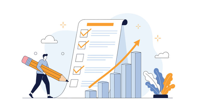 Professional using oversized pencil to complete a business checklist next to rising bar graph indicating project progress.