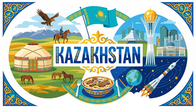 Vibrant Kazakhstan Cultural Elements Vector Illustration with Bayterek Tower, Nomadic Heritage, and Traditional Symbols