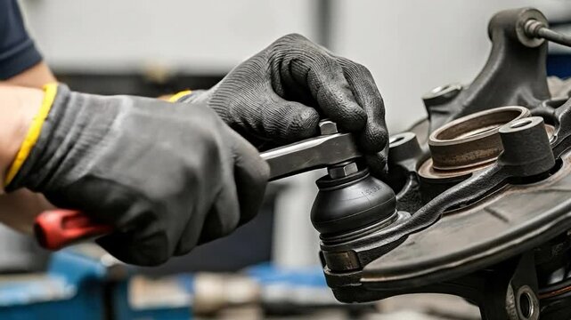 Professional auto technician replacing a suspension ball joint using a wrench in a workshop