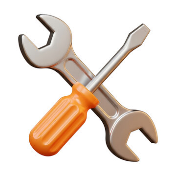 A glossy 3D crossed wrench and screwdriver with an orange handle represent repair maintenance and technical service on transparent background