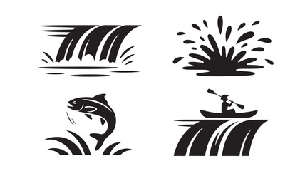 Fototapeta premium Kayaker Paddling Through Waterfall Splashes With Fish Jumping Out Of Water For Outdoor Adventure Concepts