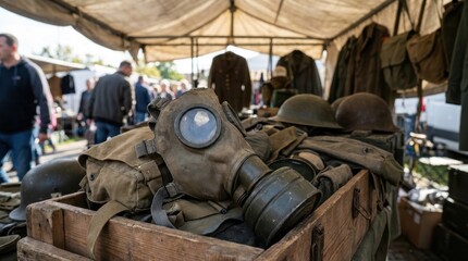 Fototapeta premium Vintage military gas mask displayed in a wooden box with old helmets and army gear at an open air market