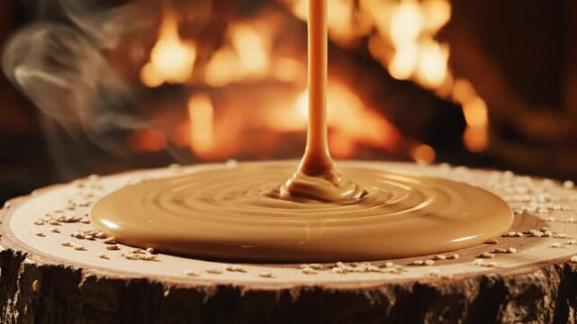Hot chocolate pouring onto a wooden stump by a cozy fireplace indoors