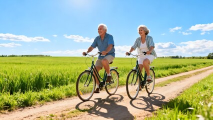 Fototapeta premium Elderly couple riding bicycles on a path