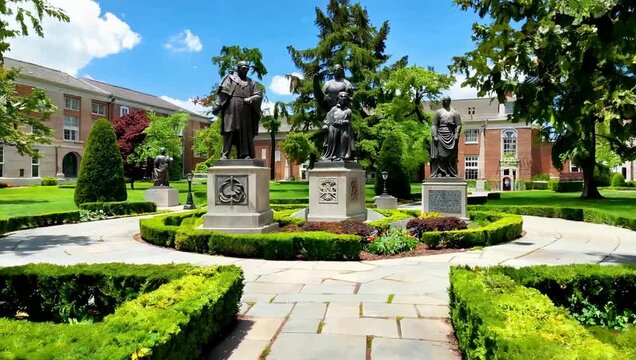 Formal garden with statues and brick buildings under blue sky