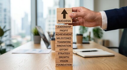 Fototapeta na wymiar Businessman holding wooden blocks with success and business concepts on a office desk with city view and plants in background business growth and strategy