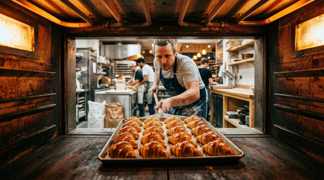 Professional male baker carefully checking a large metal tray of delicious freshly baked golden croissants inside a hot commercial bakery oven