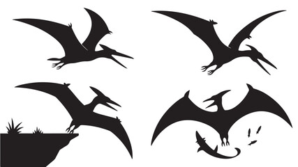 Obraz premium Pterodactyls Flying Silhouettes On White Background For Prehistoric Dinosaur Concepts