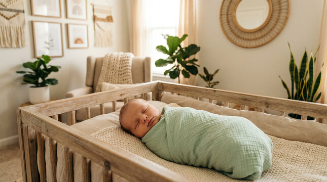 Beautiful peaceful newborn baby tightly swaddled in a soft green blanket sleeping comfortably in a wooden crib inside a bright warm home nursery room