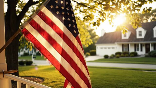 American flag waving in front of a house
