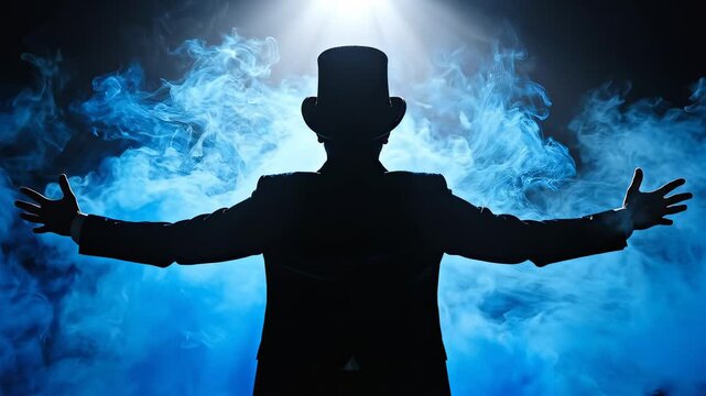 Silhouette of a top hat magician with smoke
