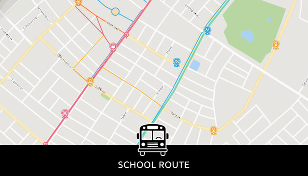 School Bus Route Map with Navigation Lines and Bus Icon