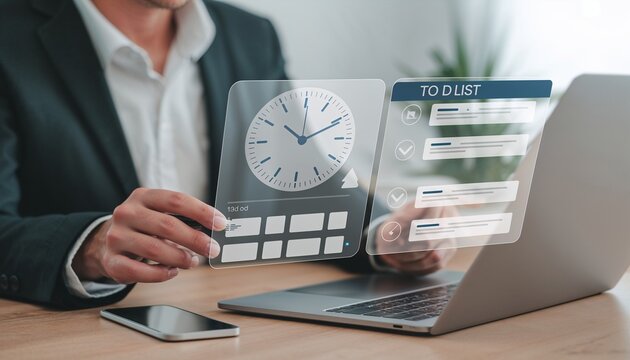 Man Using a Laptop With a Digital Clock and Task List in a Modern Office Setting During the Daytime