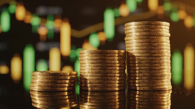 Stacks of gold coins with financial chart
