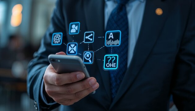 Businessman Uses Smartphone to Access Digital Apps and Tools in an Office Setting During Work Hours
