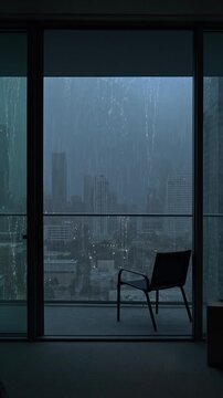 Cinematic rain on glass window with blurred city view and cozy interior lighting